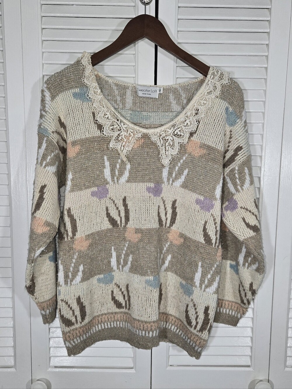 Sweater Loft Vintage 80s Floral Knit Long Sleeve Cottagecore Lace Collar Sweater